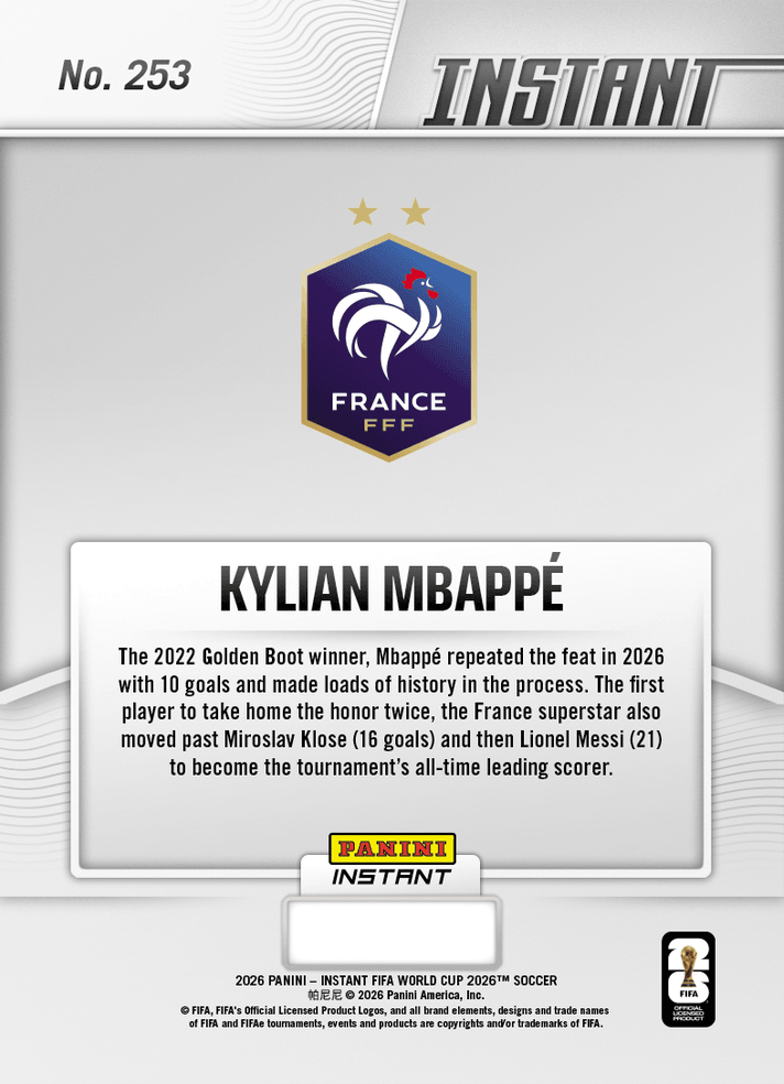 2026 Panini Instant FIFA World Cup Kylian Mbappe #253 Golden Boot Winner France Soccer Card