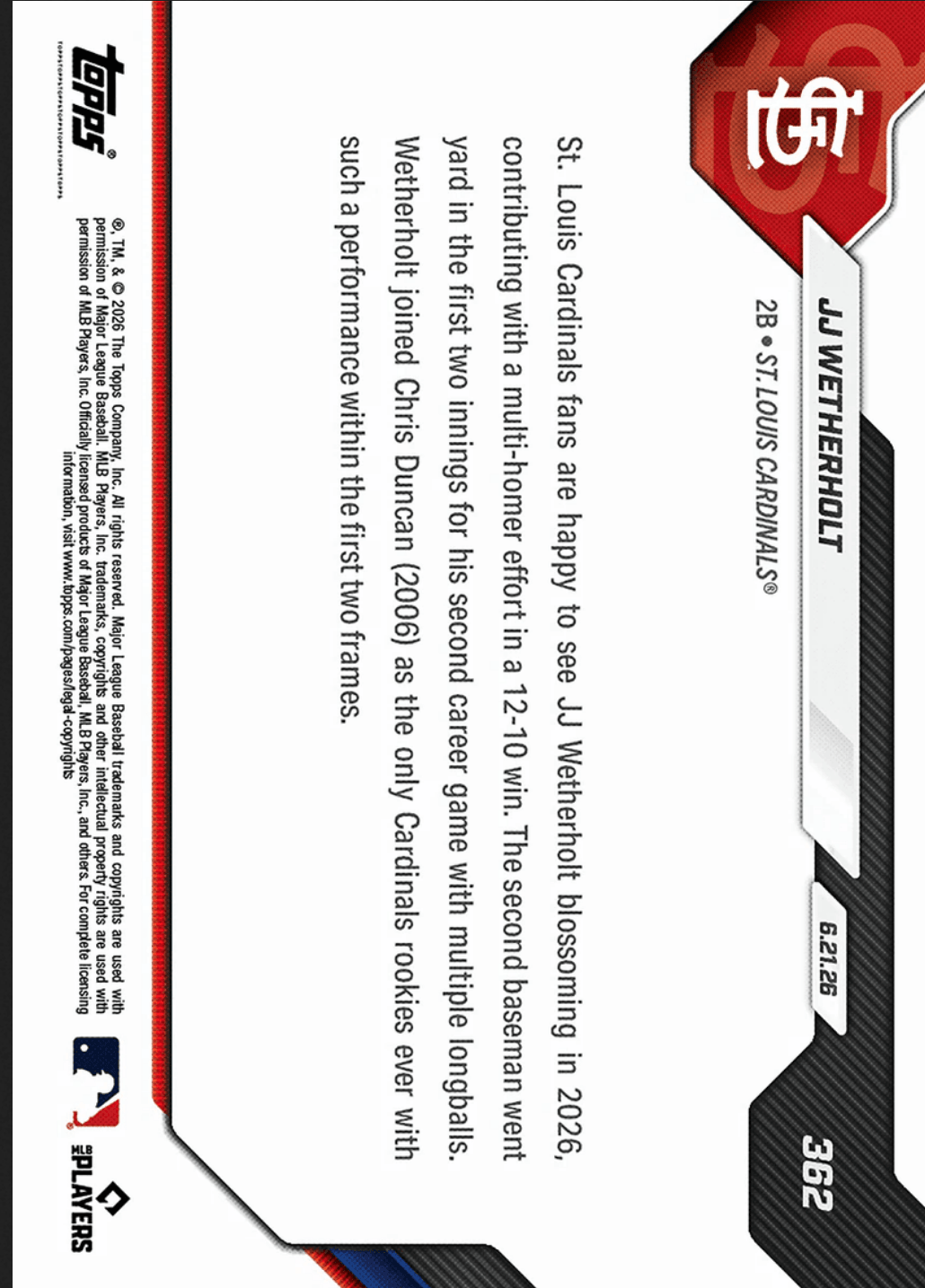 2026 Topps Now JJ Wetherholt #362 Orange Foil /25 2nd Club Rookie with Home Runs in 1st Two Innings St Louis Cardinals Rookie RC Baseball Card