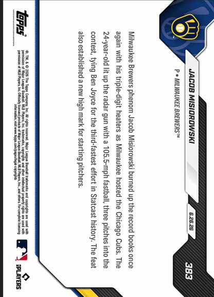 2026 Topps Now Jacob Misiorowski #383 Orange Foil /25 105.5MPH Heater Scorches MLB Record Books Milwaukee Brewers Rookie RC Baseball Card