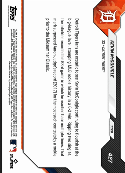2026 Topps Now Kevin McGonigle #427 Orange Foil /25 53rd Multiple On Base Game Sets MLB Rookie Mark Detroit Tigers Rookie RC Baseball Card