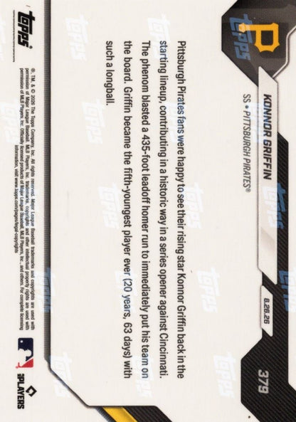 2026 Topps Now Konnor Griffin #379 Black Foil /10 5th Youngest in MLB History to Hit Leadoff Home Run Pittsburgh Pirates Rookie RC Baseball Card