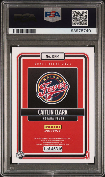 Graded 2024 Panini Instant WNBA Caitlin Clark #DN1 Draft Night Rookie RC Basketball Card PSA 9 Mint