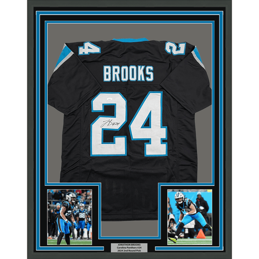 Framed Autographed/Signed Jonathon Brooks 35x39 Carolina Black Football Jersey JSA COA