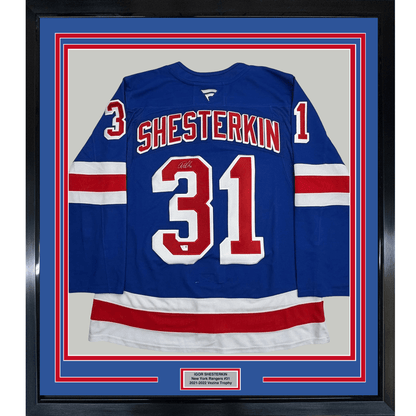Framed Autographed/Signed 35x39 Igor Shesterkin New York Rangers Blue Authentic Hockey Jersey Fanatics COA