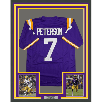 Framed Autographed/Signed Patrick Peterson 35x39 LSU Purple College Football Jersey JSA COA