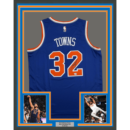 Framed Autographed/Signed Karl-Anthony Towns 35x39 New York Knicks Blue Authentic Basketball Jersey Fanatics COA