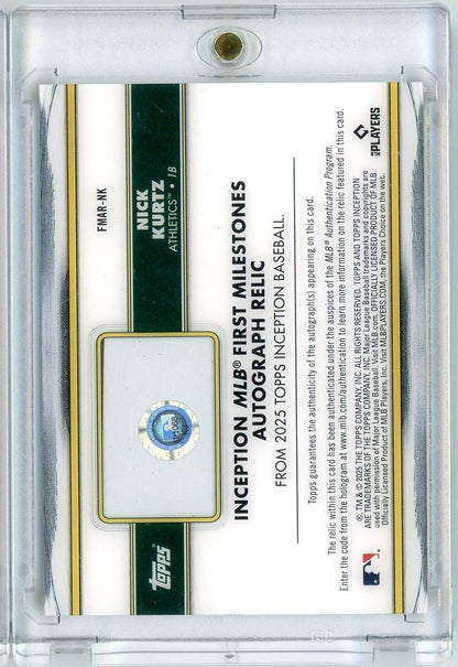 2025 Topps Inception Nick Kurtz #FMAR-NK First Career Hit Game Used Base Auto /99 Rookie RC Baseball Card