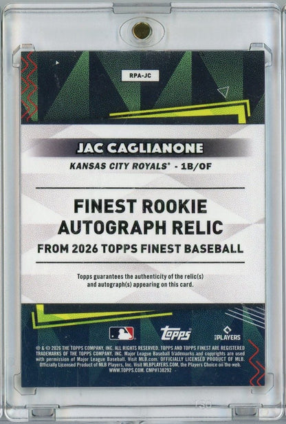 2026 Topps Finest Jac Caglianone #RPA-JC Finest Rookie Autograph Relic Orange /25 Rookie RC Baseball Card
