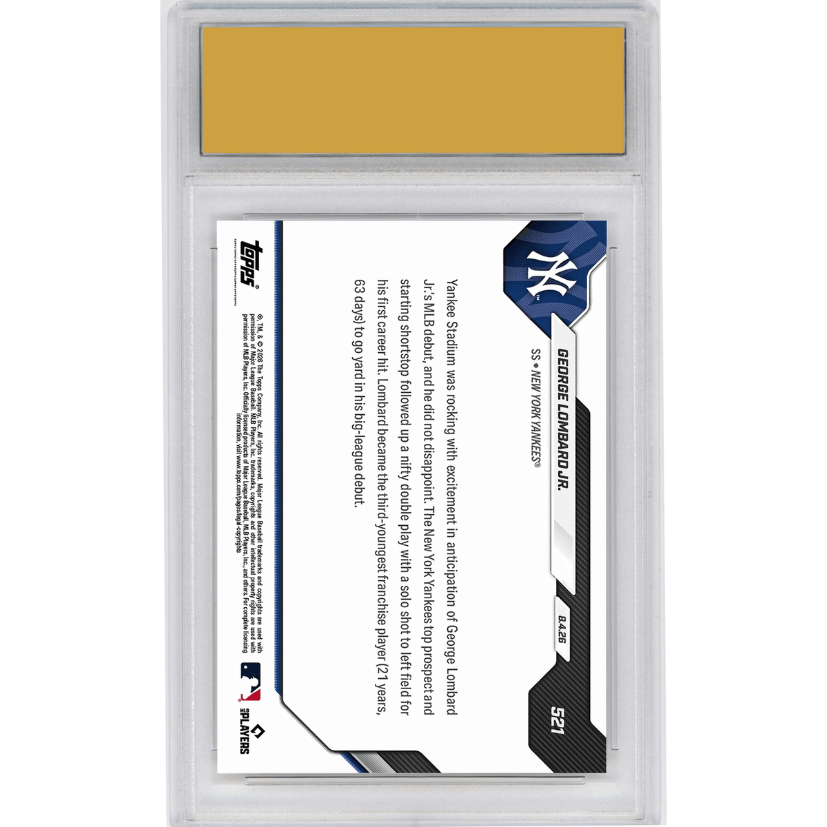 Graded 2026 Topps Now George Lombard Jr #521 Yankees Top Prospect Slugs HR for 1st MLB Hit New York Yankees Rookie RC Baseball Card HOFSM 10 Gem Mint