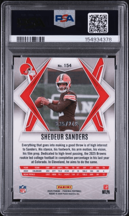 Graded 2025 Panini Phoenix Shedeur Sanders #154 Purple Hyper /249 Rookie RC Football Card PSA 10 Gem Mint