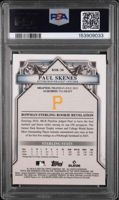 Graded 2024 Topps Bowman Sterling Paul Skenes #BSR30 Rookies Mini Diamond Refractor /150 Rookie RC Baseball Card PSA 10 Gem Mint