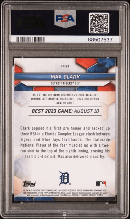 Graded 2023 Topps Bowmans Best Max Clark #TP23 Top Prospects Rookie RC Baseball Card PSA 10 Gem Mint