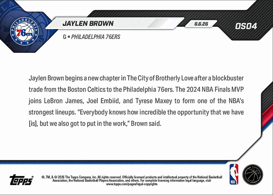 2026 Topps Now Jaylen Brown #OS04 Superstar Acquisition Introduced by Sixers Philadelphia 76ers Basketball Card