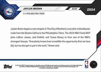 2026 Topps Now Jaylen Brown #OS04 Superstar Acquisition Introduced by Sixers Philadelphia 76ers Basketball Card