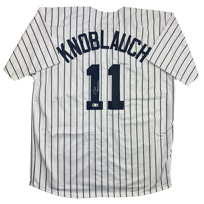 Autographed/Signed Chuck Knoblauch "98-00 WSC" New York Pinstripe Baseball Jersey Beckett BAS COA
