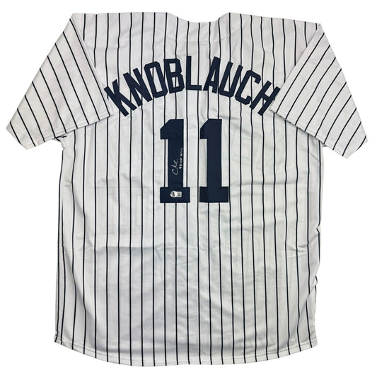 Autographed/Signed Chuck Knoblauch "98-00 WSC" New York Pinstripe Baseball Jersey Beckett BAS COA