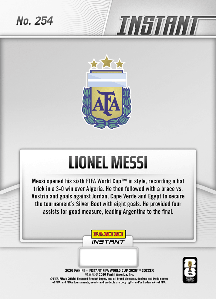 2026 Panini Instant FIFA World Cup Lionel Messi #254 Silver Boot Winner Argentina Soccer Card