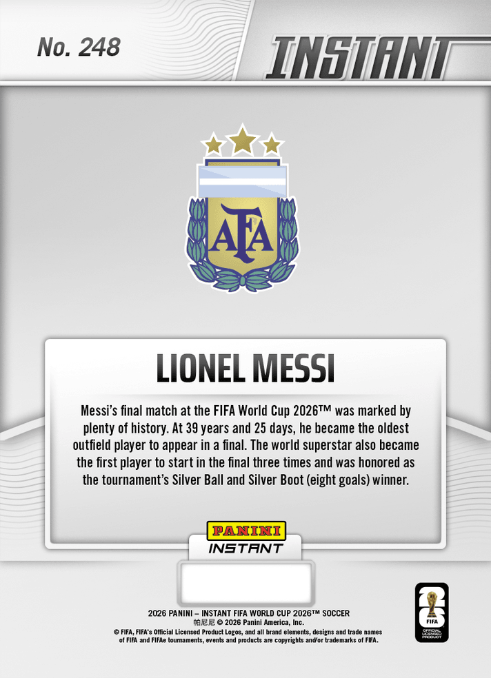 2026 Panini Instant FIFA World Cup Lionel Messi #248 All Time Great Adds to Legacy in Final Argentina Soccer Card