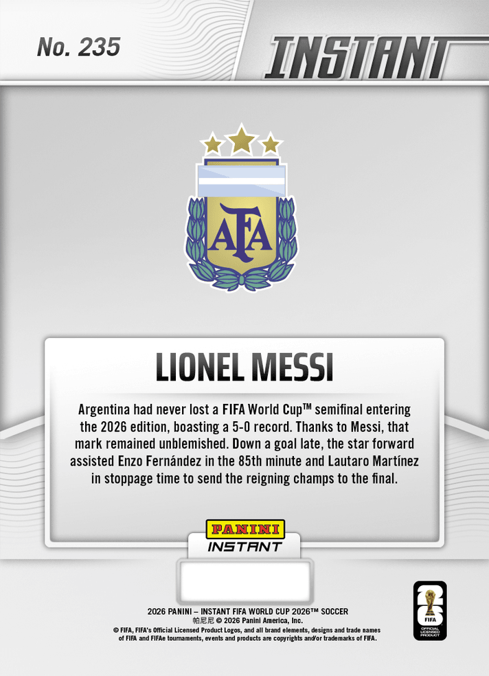2026 Panini Instant FIFA World Cup Lionel Messi #235 Messi Assists Trophy Holders' Trip Back to Final Argentina Soccer Card
