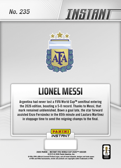 2026 Panini Instant FIFA World Cup Lionel Messi #235 Messi Assists Trophy Holders' Trip Back to Final Argentina Soccer Card