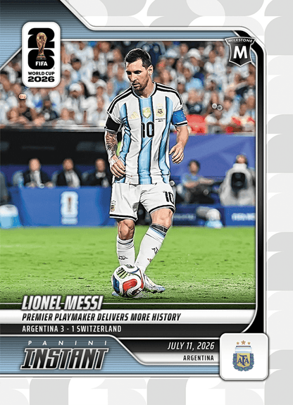 2026 Panini Instant FIFA World Cup Lionel Messi #228 Premier Playmaker Delivers More History Argentina Soccer Card