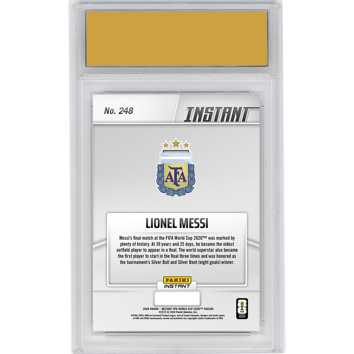 Graded 2026 Panini Instant FIFA World Cup Lionel Messi #248 All Time Great Adds to Legacy in Final Argentina Soccer Card HOFSM 10 Gem Mint