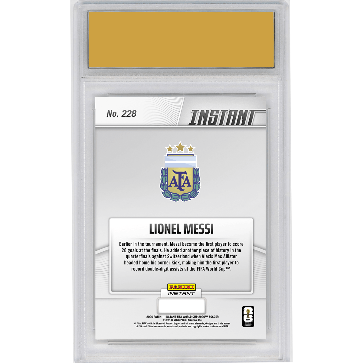 Graded 2026 Panini Instant FIFA World Cup Lionel Messi #228 Premier Playmaker Delivers More History Argentina Soccer Card HOFSM 10 Gem Mint