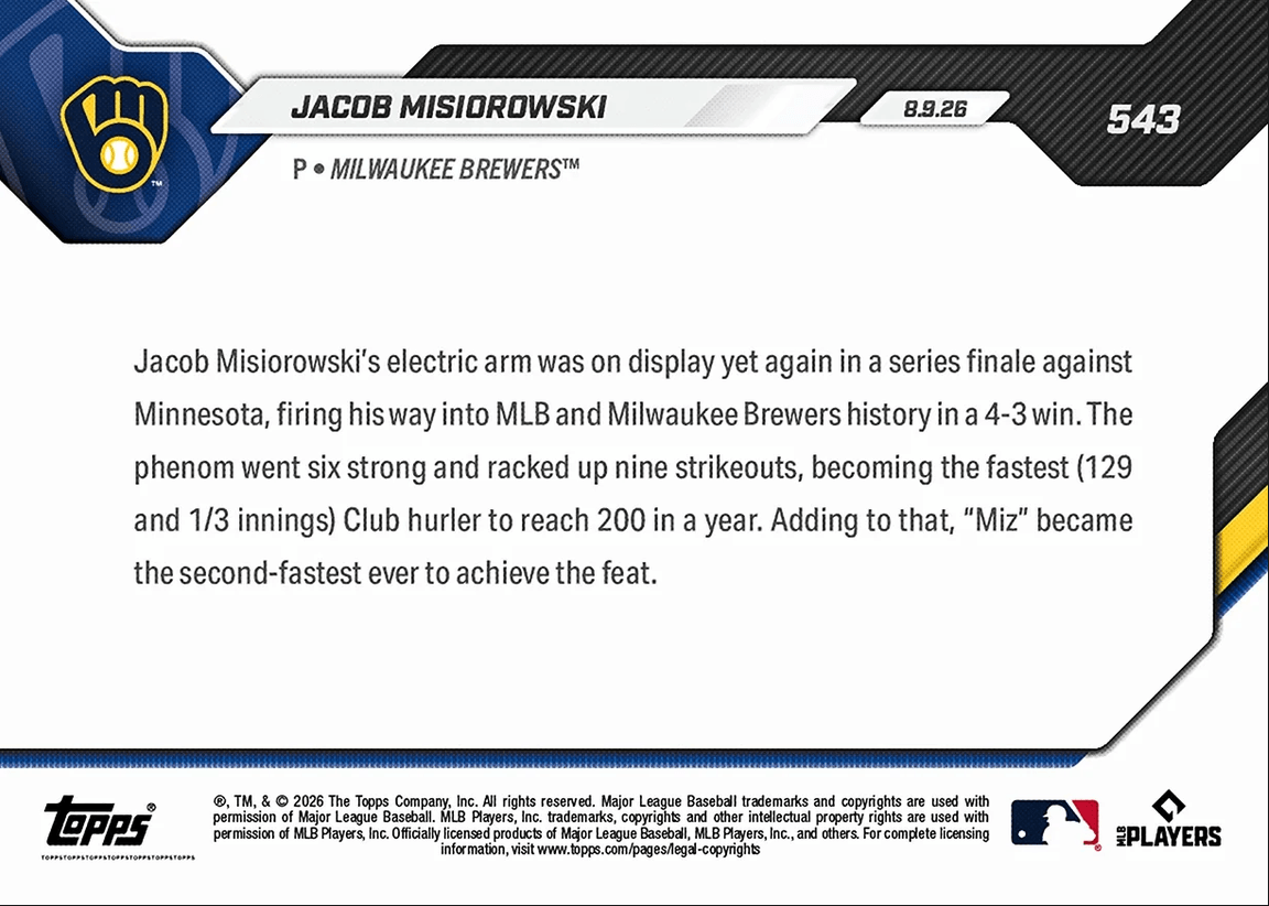 2026 Topps Now Jacob Misiorowski #543 2nd Fastest in MLB History to Reach 200Ks Milwaukee Brewers Rookie RC Baseball Card