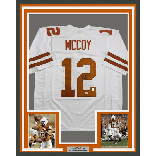 Framed Autographed/Signed Colt McCoy 35x39 Texas White College Football Jersey JSA COA