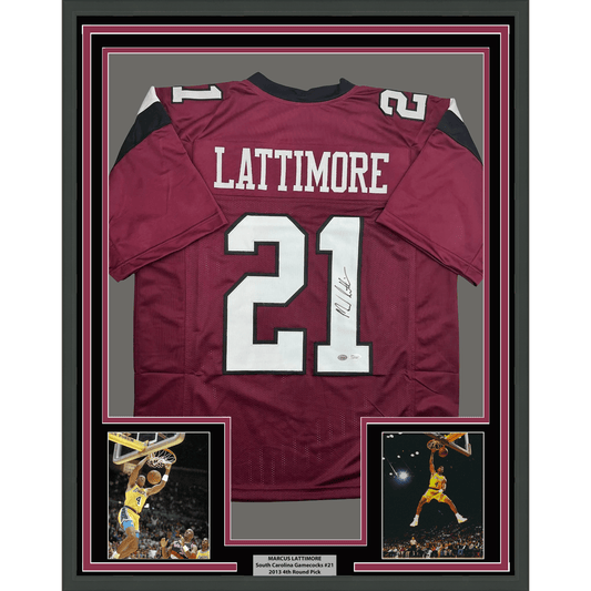 Framed Autographed/Signed Marcus Lattimore 35x39 South Carolina Maroon College Football Jersey JSA COA
