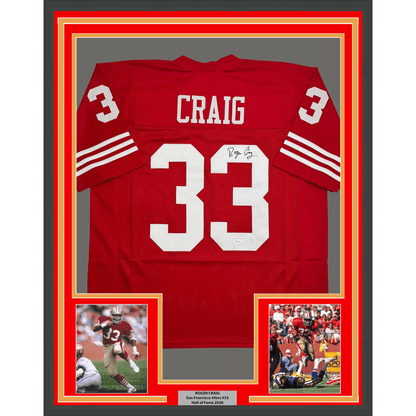 Framed Autographed/Signed Roger Craig 35x39 San Francisco Red Football Jersey JSA COA
