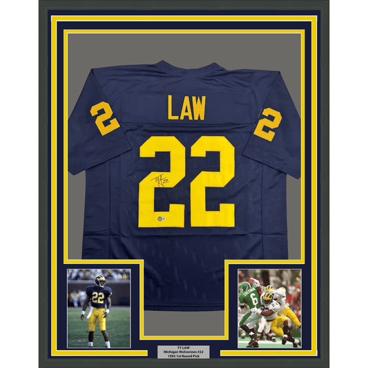 Framed Autographed/Signed Ty Law 35x39 Michigan Blue College Football Jersey Beckett BAS COA