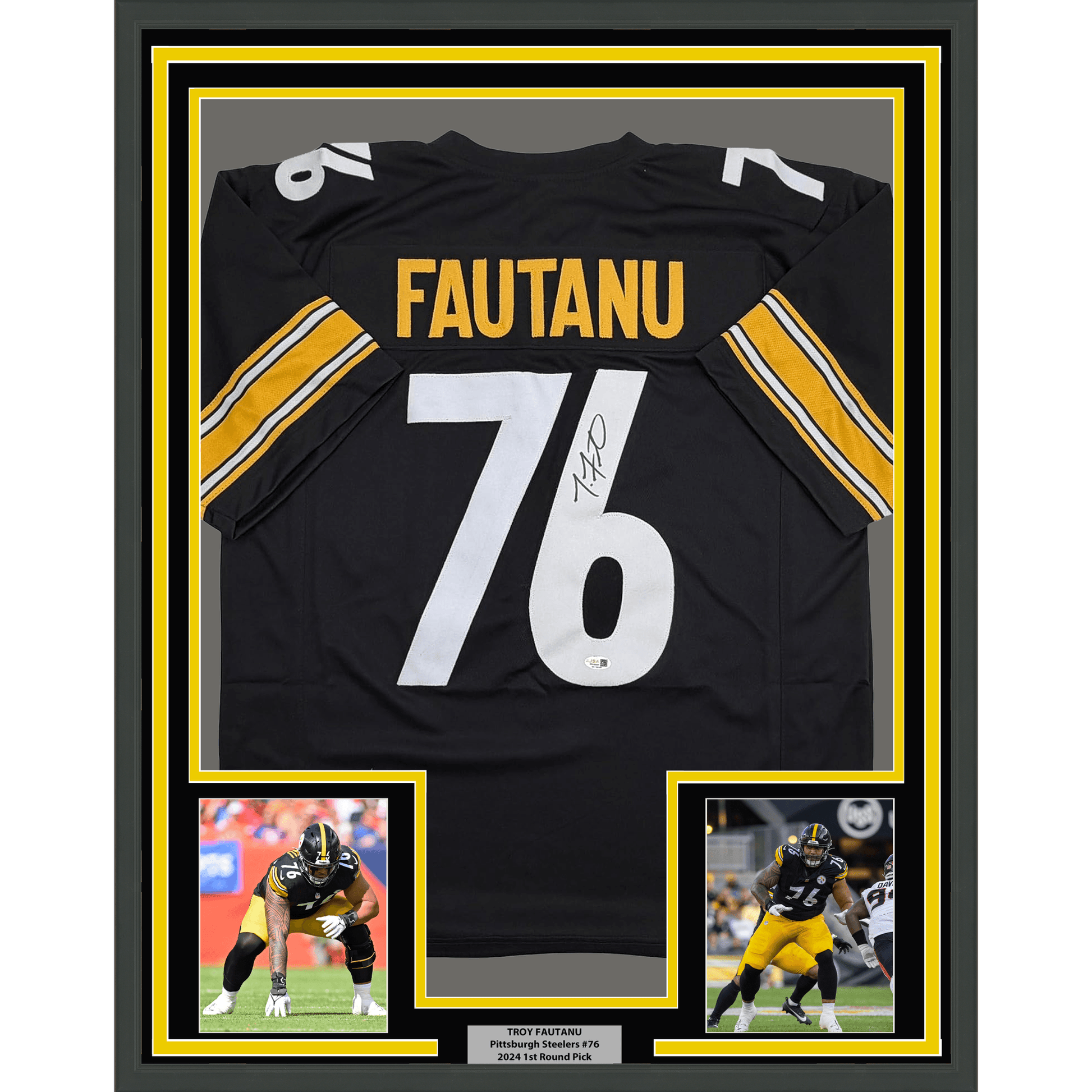 Framed Autographed/Signed Troy Fautanu 35x39 Pittsburgh Black Football Jersey JSA COA