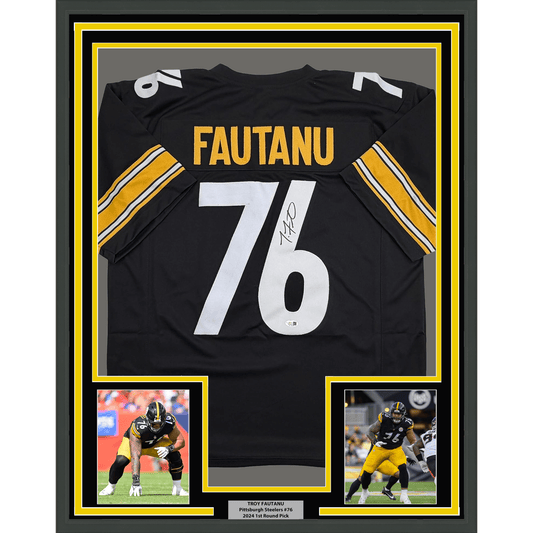 Framed Autographed/Signed Troy Fautanu 35x39 Pittsburgh Black Football Jersey JSA COA