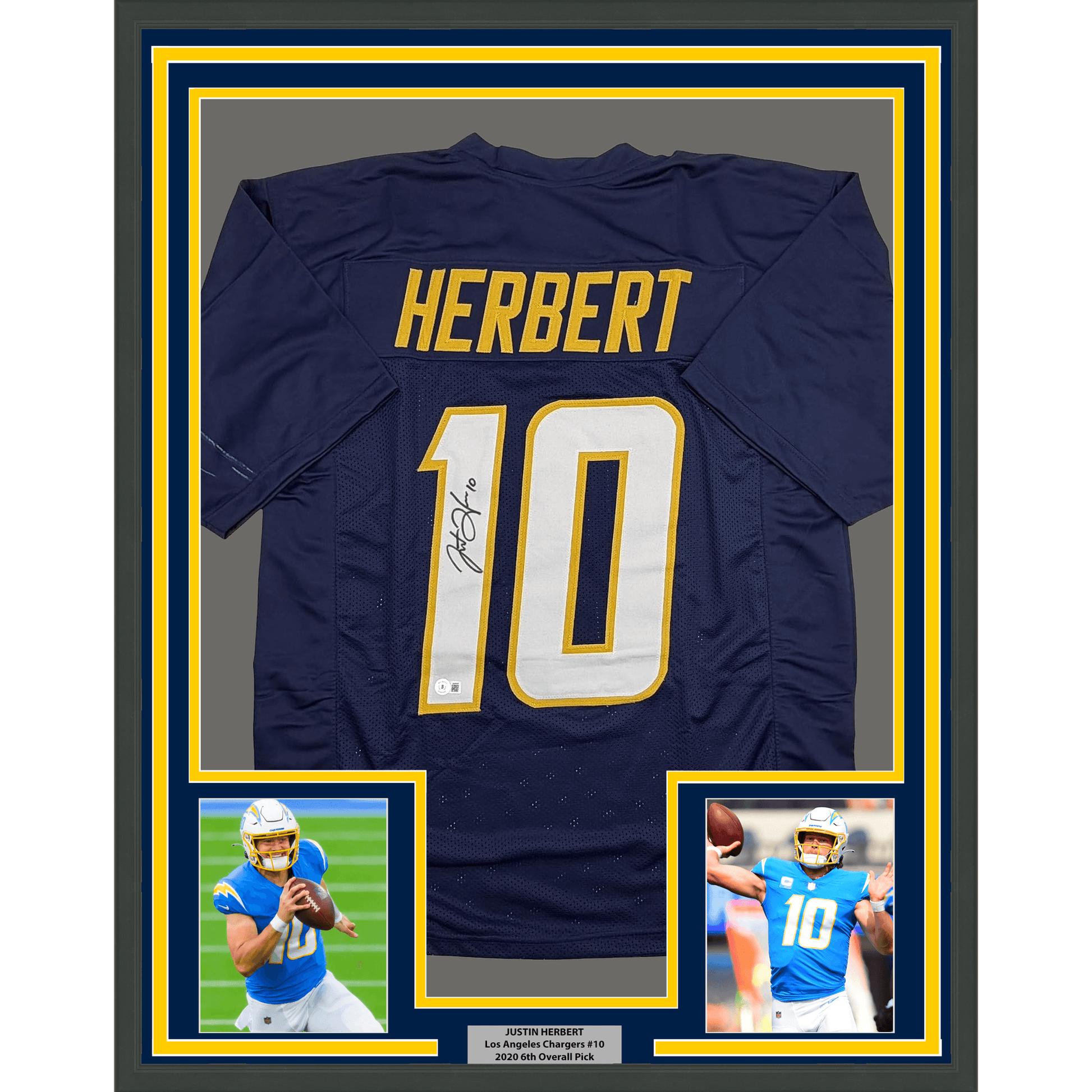 Framed Autographed/Signed Justin Herbert 35x39 Los Angeles San Diego Navy Blue Football Jersey Beckett BAS COA