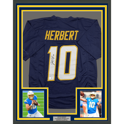 Framed Autographed/Signed Justin Herbert 35x39 Los Angeles San Diego Navy Blue Football Jersey Beckett BAS COA