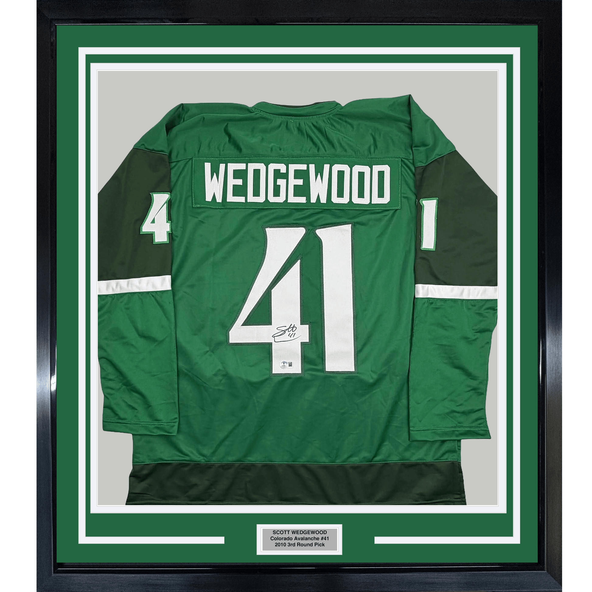 Framed Autographed/Signed Scott Wedgewood 35x39 Colorado Green St. Patrick's Day Hockey Jersey Beckett BAS COA