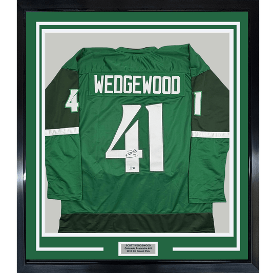 Framed Autographed/Signed Scott Wedgewood 35x39 Colorado Green St. Patrick's Day Hockey Jersey Beckett BAS COA