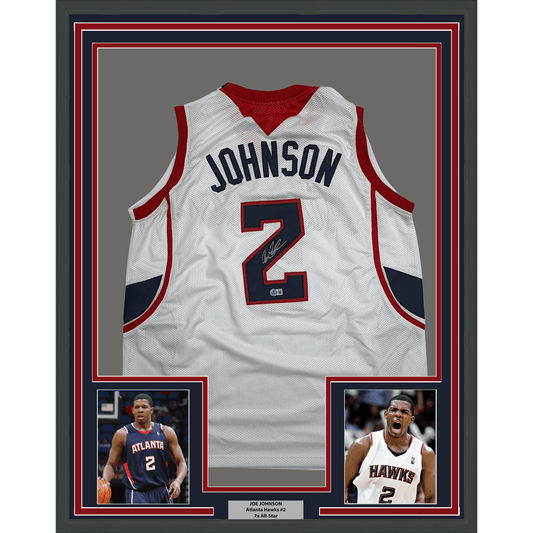 Framed Autographed/Signed Joe Johnson 35x39 Atlanta White Basketball Jersey Beckett BAS COA