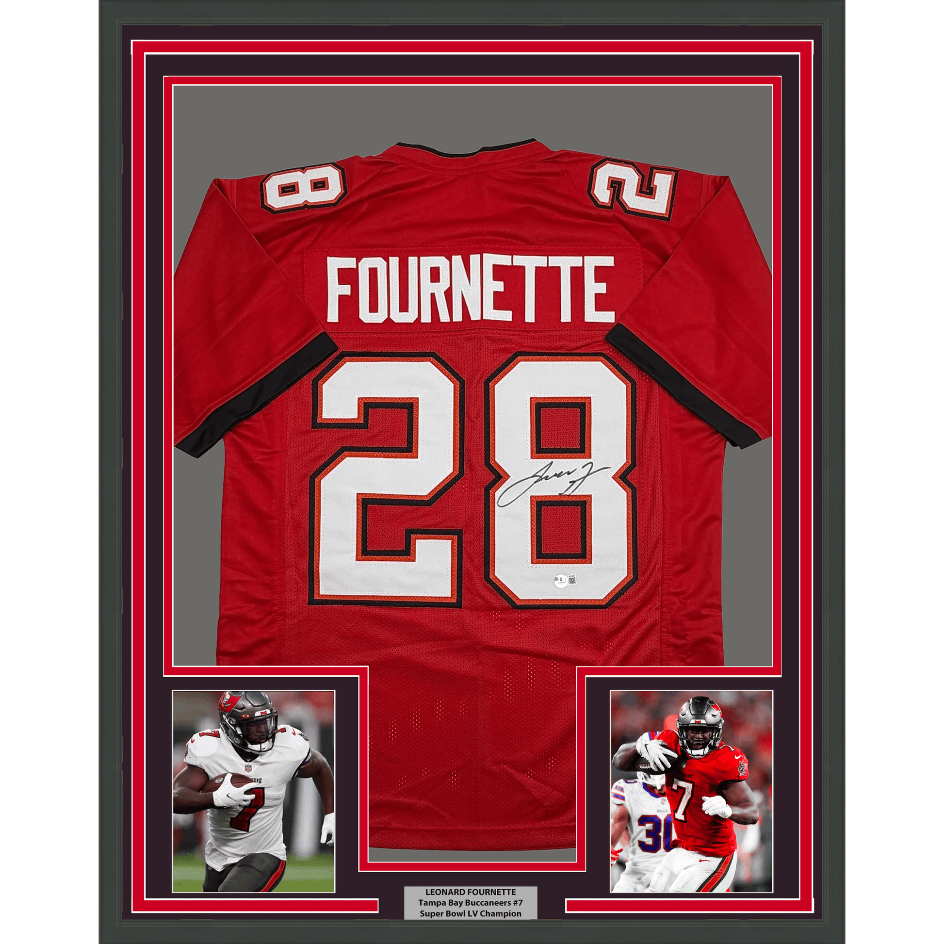Framed Autographed/Signed Leonard Fournette 35x39 Tampa Bay Red Football Jersey Beckett BAS COA