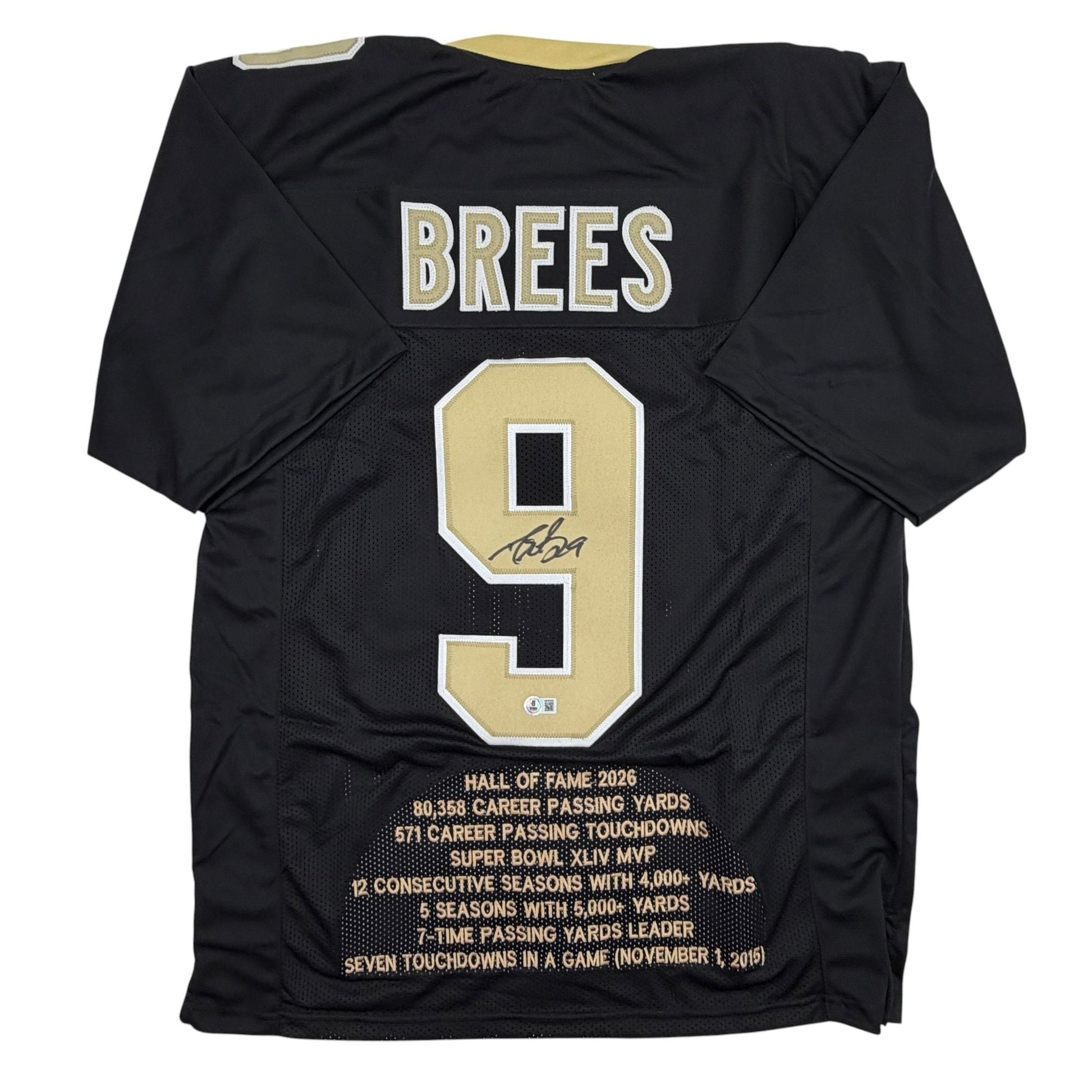 Autographed/Signed Drew Brees New Orleans Black Stat Football Jersey Beckett BAS COA