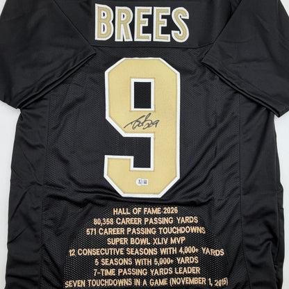 Autographed/Signed Drew Brees New Orleans Black Stat Football Jersey Beckett BAS COA