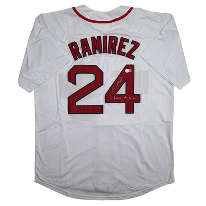 Autographed/Signed Manny Ramirez Reverse The Curse Boston White Baseball Jersey Beckett BAS COA