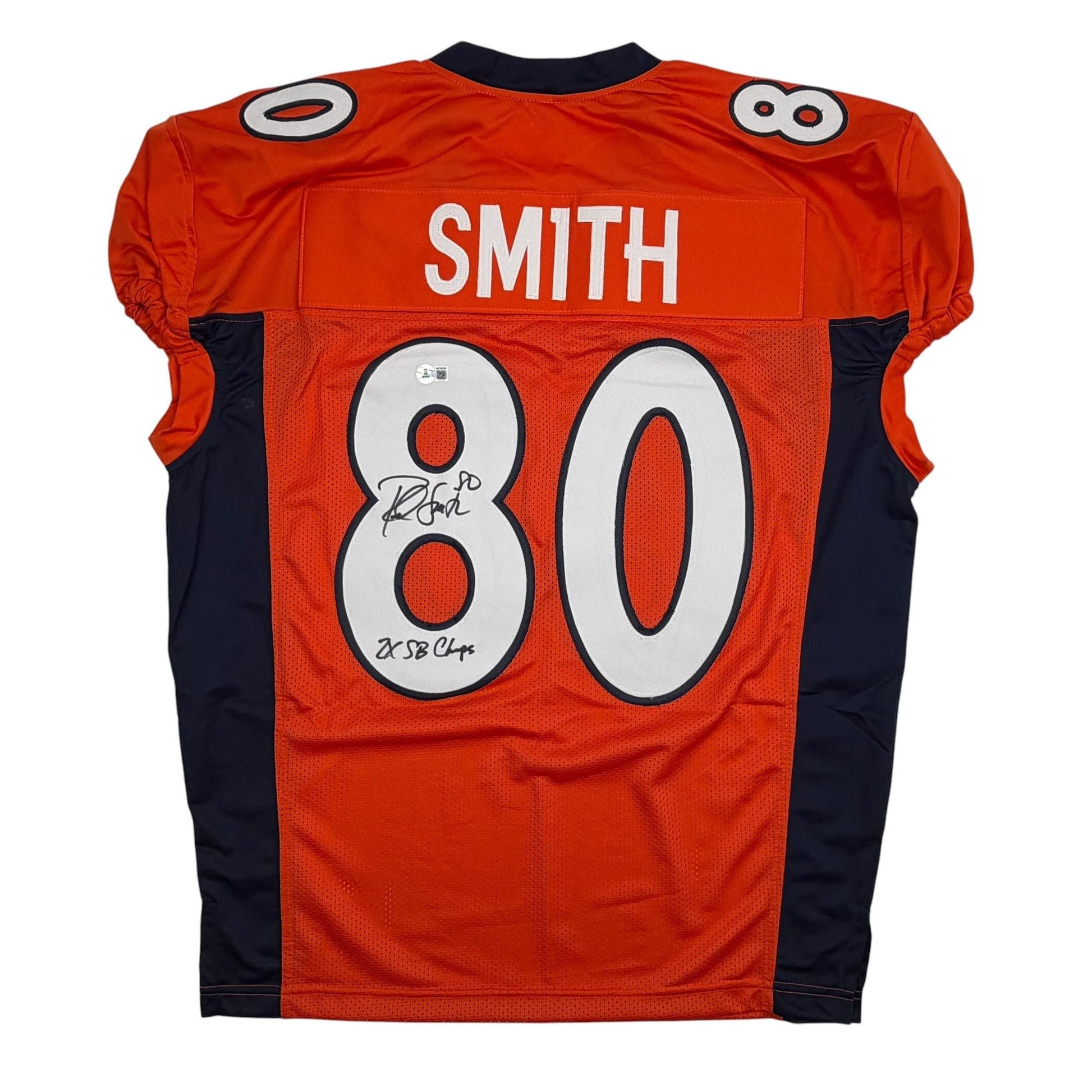 Autographed/Signed Rod Smith 2x SB Champs Denver Orange Pro Cut Football Jersey Beckett BAS COA