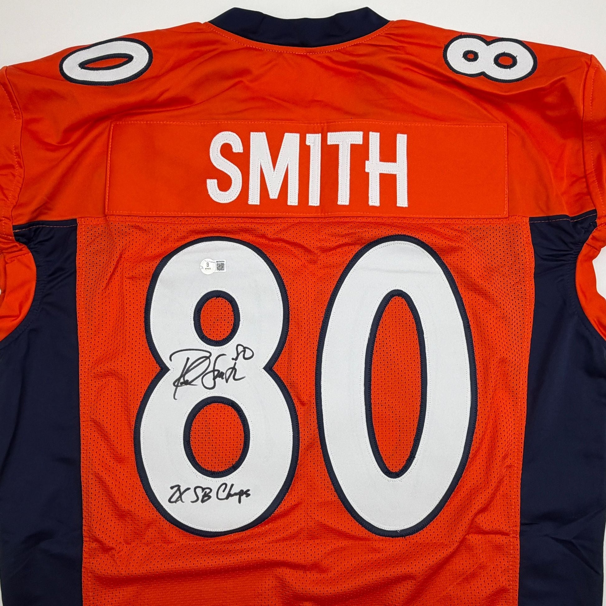Autographed/Signed Rod Smith 2x SB Champs Denver Orange Pro Cut Football Jersey Beckett BAS COA