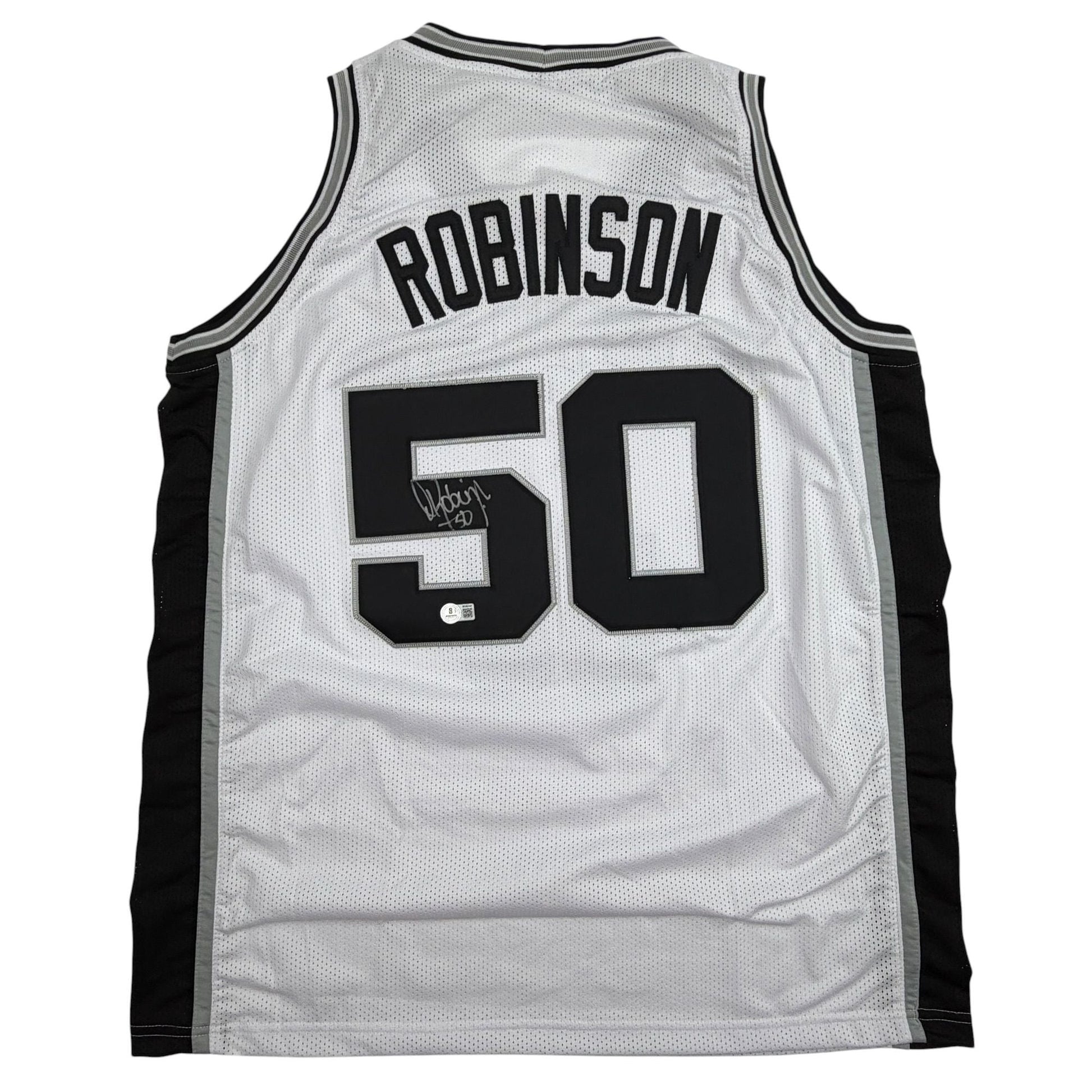 Autographed/Signed David Robinson San Antonio White Basketball Jersey Beckett BAS COA