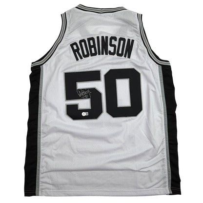 Autographed/Signed David Robinson San Antonio White Basketball Jersey Beckett BAS COA