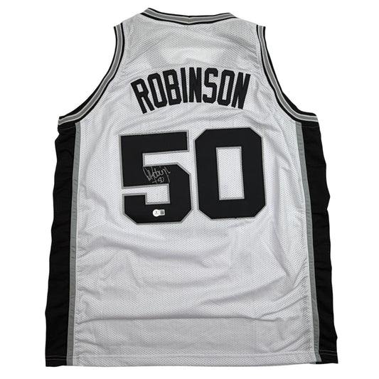 Autographed/Signed David Robinson San Antonio White Basketball Jersey Beckett BAS COA