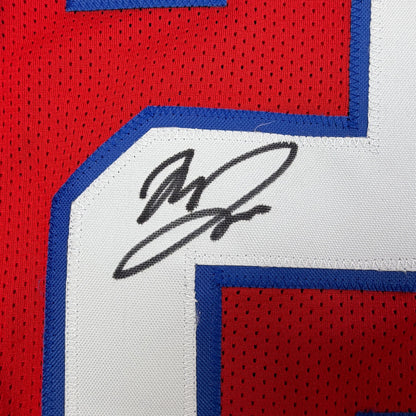Autographed/Signed Marcus Jones New England Red Pro Cut Football Jersey Beckett BAS COA