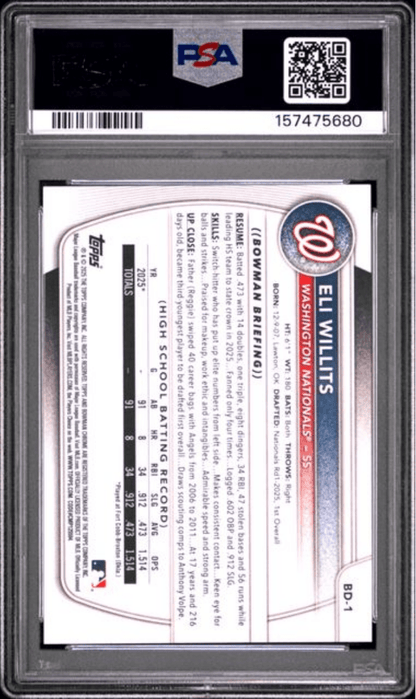 Graded 2025 Topps Bowman Draft Eli Willits #BD1 Rookie RC Baseball Card PSA 10 Gem Mint
